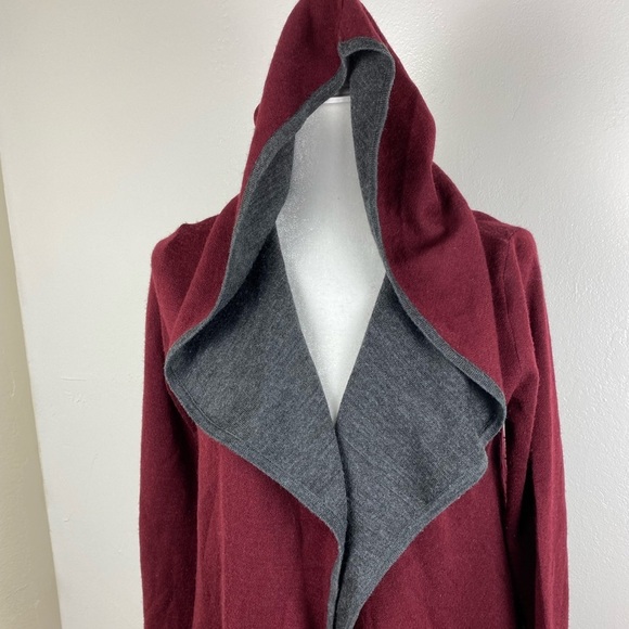 BNCI Black Noir Wool Blend Hooded Open Front Maroon Gray Sweater Cardigan Medium - Picture 9 of 10